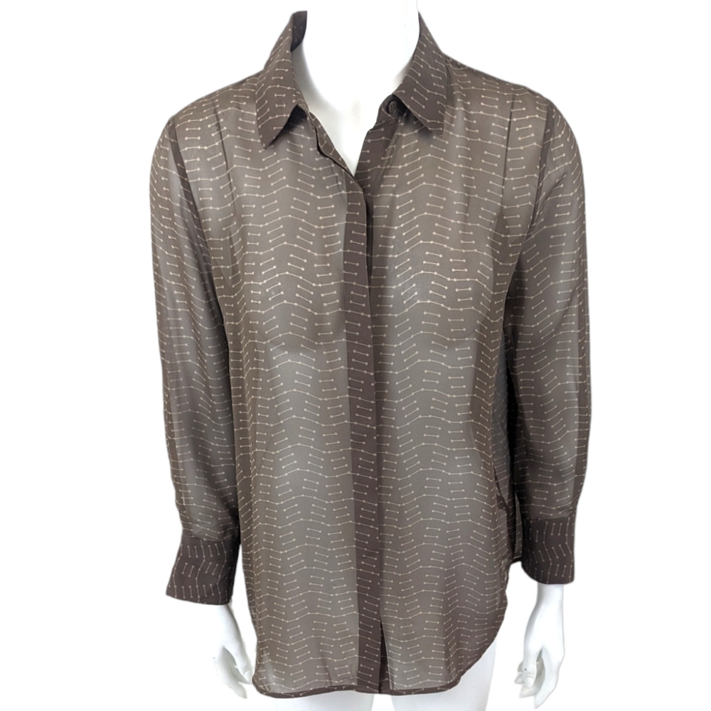 Lafayette 148 Silk Button Up Shirt NEW Womens Medium Brown Sheer Career Blouse